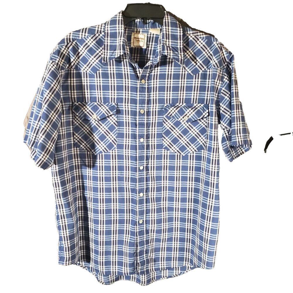 Vintage Plains Western Wear Mens Large Blue Plaid Pearl Snap Short Sleeve Shirt